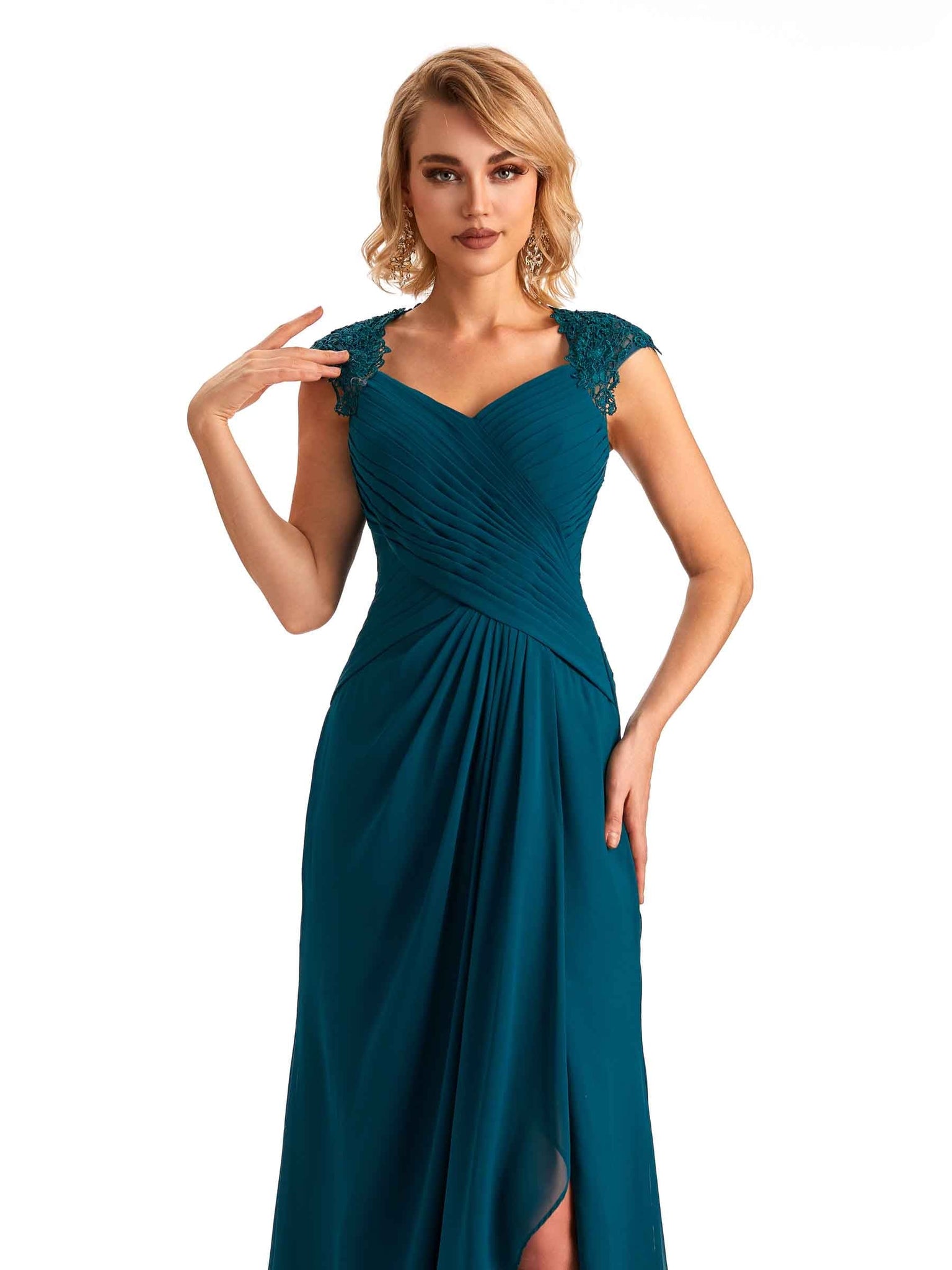 Elegant Side Slit Chiffon Lace Cap Sleeves Long Mom Dresses For Wedding UK Slit