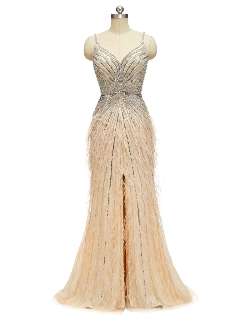 Champagne Gold Luxury Heavily Beaded Feather Formal Prom Dresses Online - ChicSew chicsewuk Champagne Gold Luxury Heavily Beaded Feather Formal Prom Dresses Online - ChicSew chicsewuk