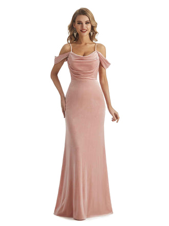 Elegant Mermaid Off the Shoulder Spaghetti Straps Velvet Long Bridesmaid Dresses
