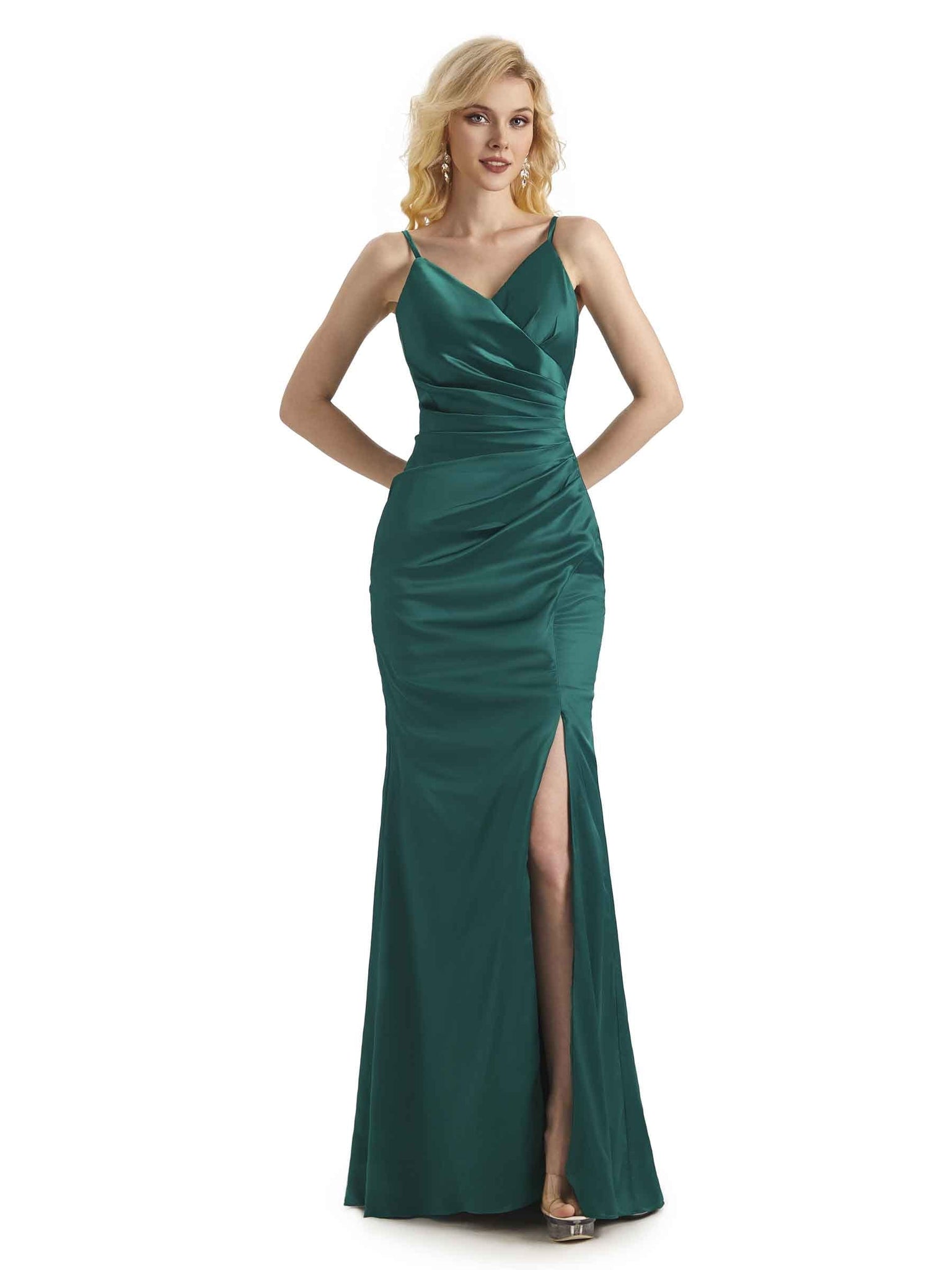 Sexy Silky Satin Side Slit V-neck Wrap Long Mermaid Bridesmaid Dresses Online UK