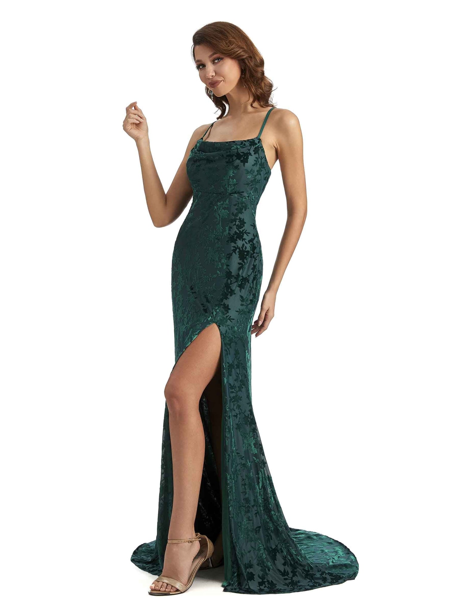 Sexy Side Slit Spaghetti Straps Mermaid Floral Velvet Long Bridesmaid Dresses UK