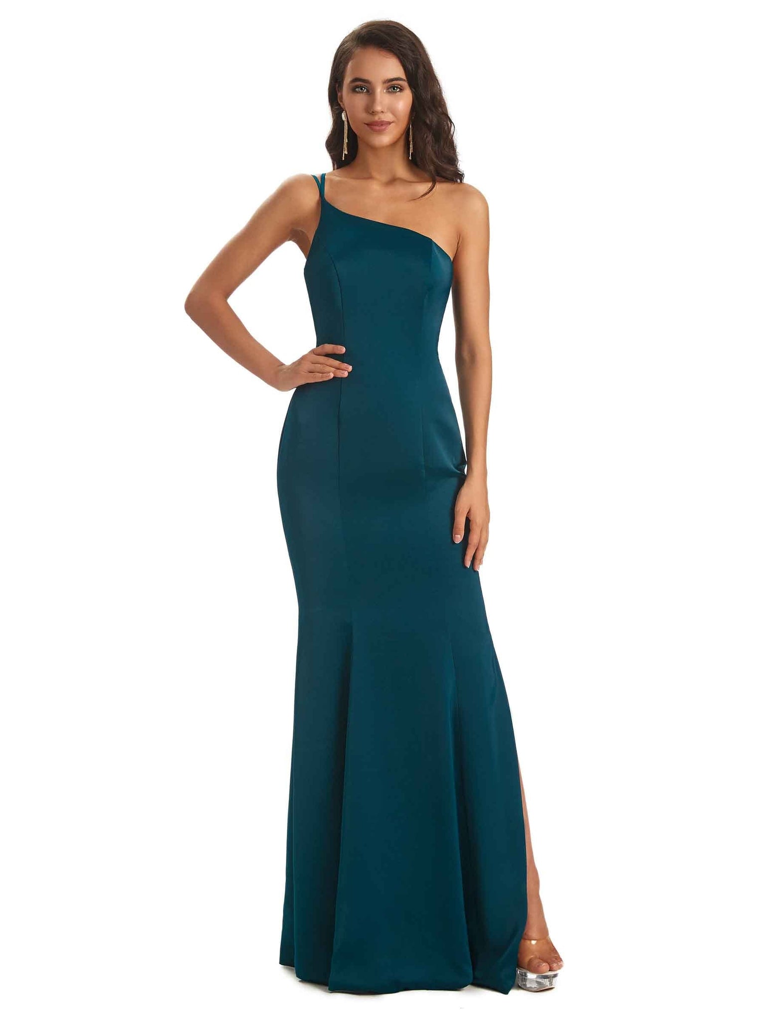 Sexy Soft Satin Side Slit One Shoulder Floor-Length Mermaid Prom Dresses Online