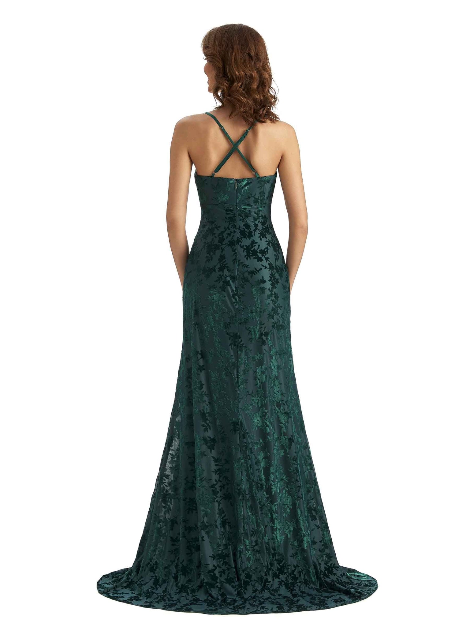 Sexy Side Slit Spaghetti Straps Mermaid Floral Velvet Long Bridesmaid Dresses UK