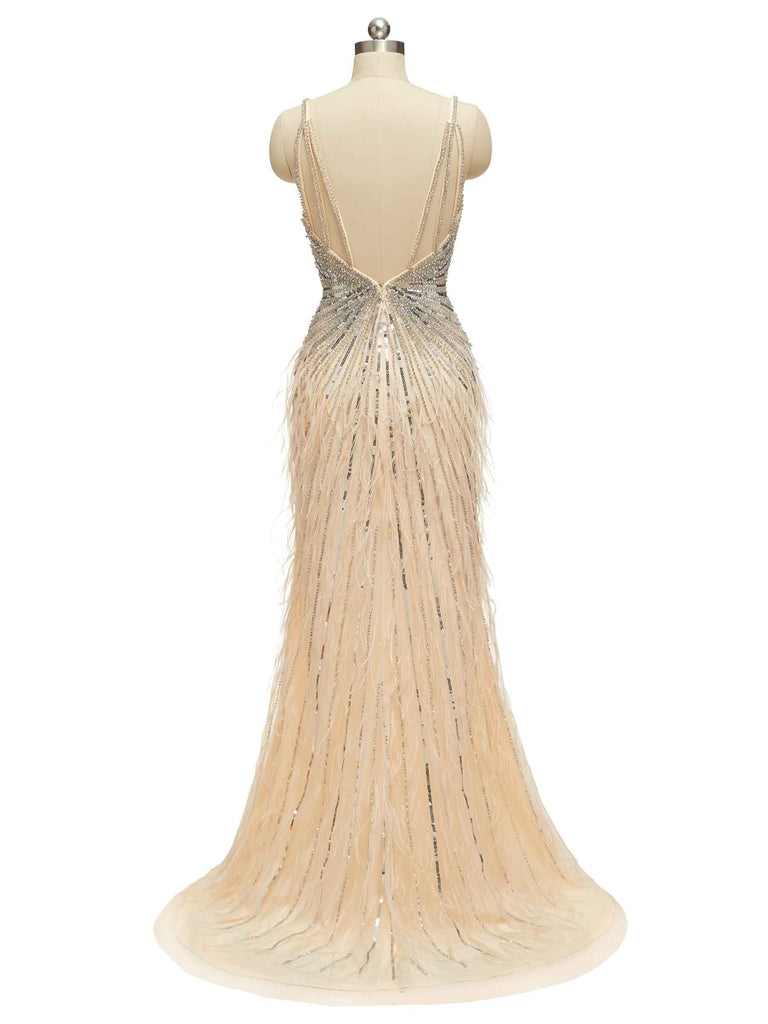 Champagne Gold Luxury Heavily Beaded Feather Formal Prom Dresses Online