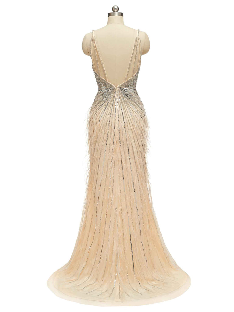 Champagne Gold Luxury Heavily Beaded Feather Formal Prom Dresses Online - ChicSew chicsewuk Champagne Gold Luxury Heavily Beaded Feather Formal Prom Dresses Online - ChicSew chicsewuk