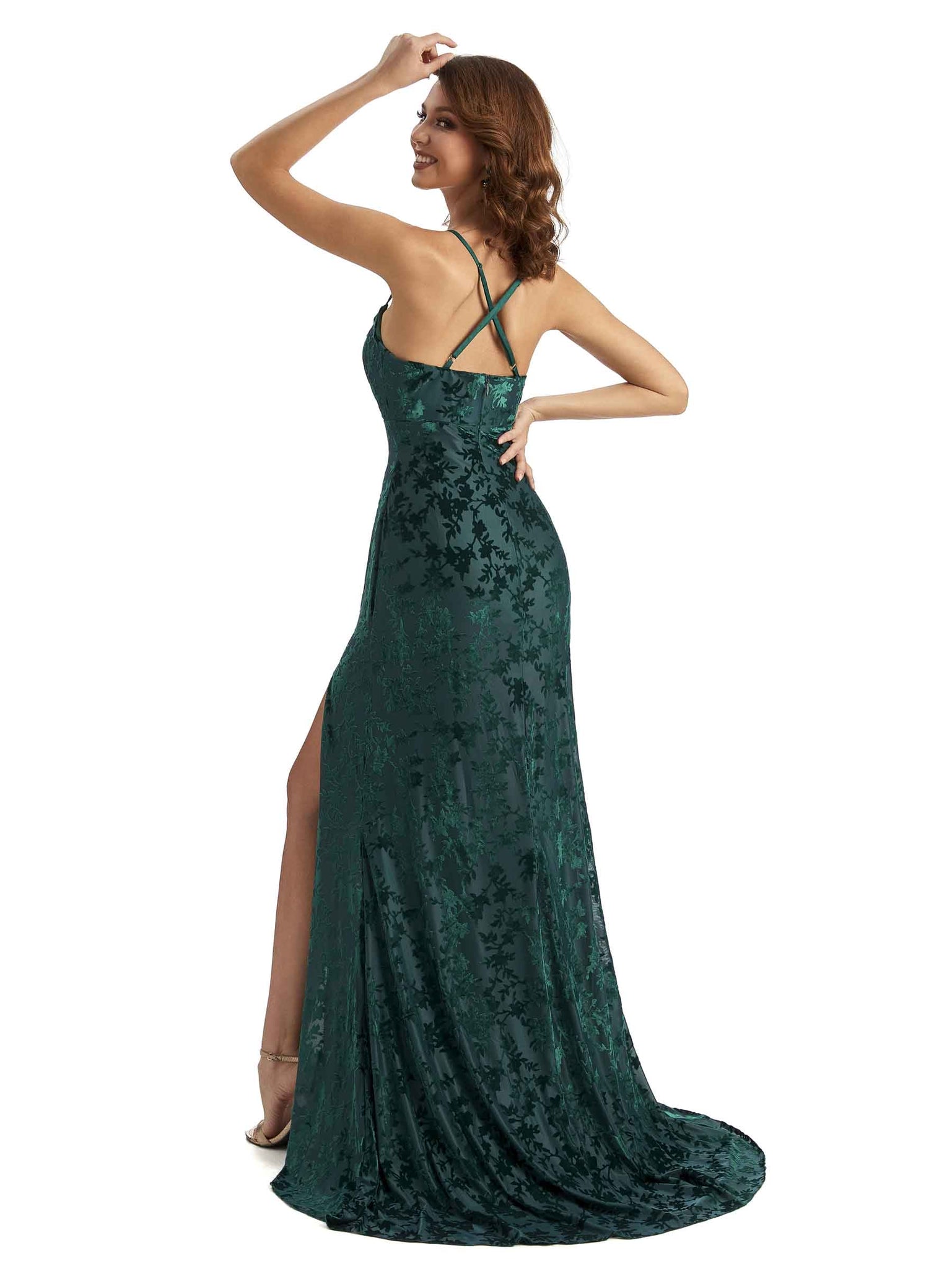 Sexy Side Slit Spaghetti Straps Mermaid Floral Velvet Long Bridesmaid Dresses UK