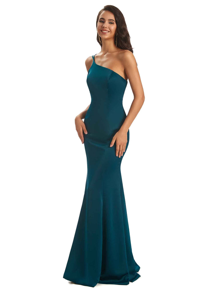 Sexy Soft Satin Side Slit One Shoulder Floor-Length Mermaid Prom Dresses Online