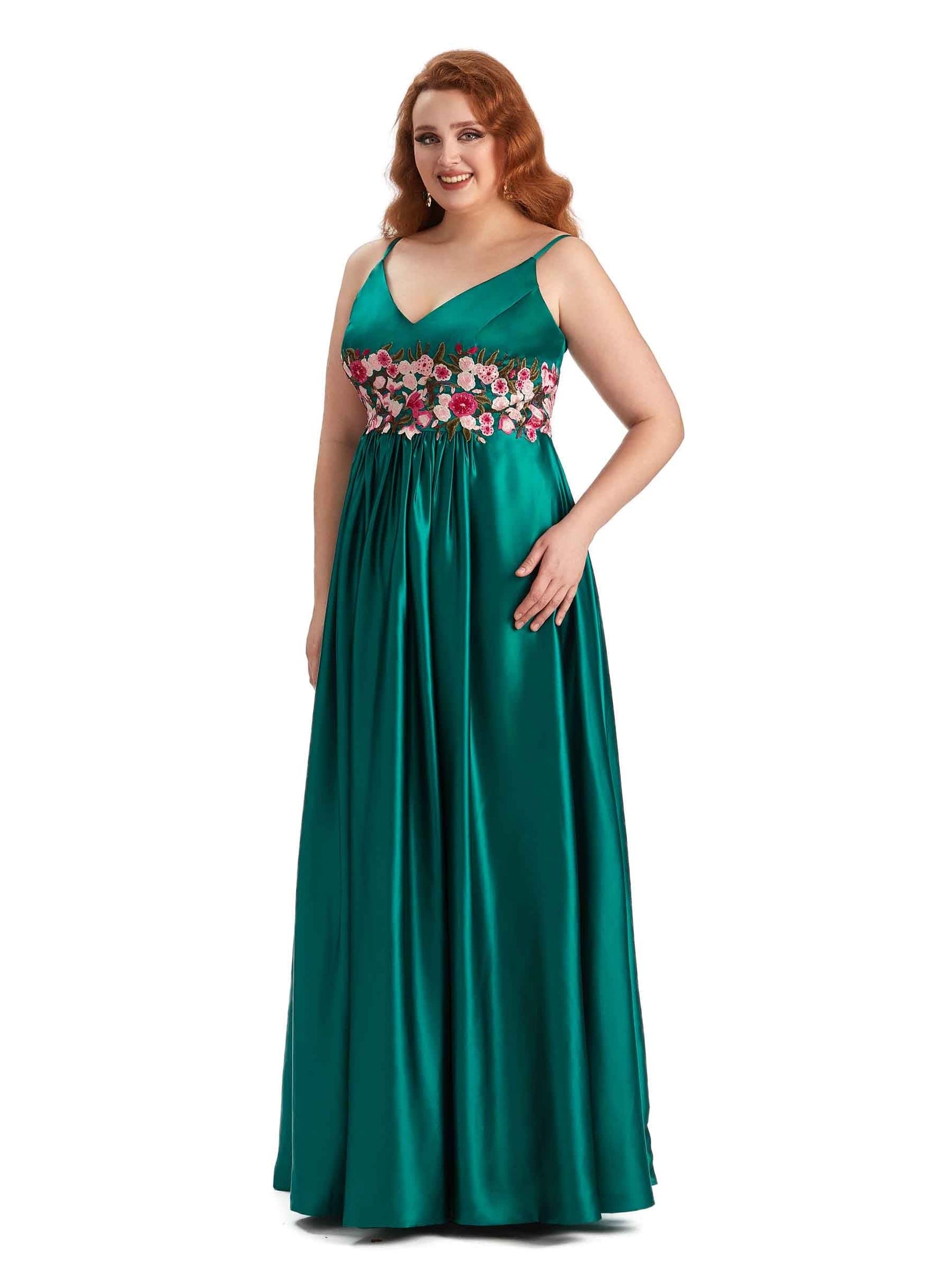 Unique Lace Spaghetti Straps Soft Satin Long Plus Size Matron of Honor Dresses