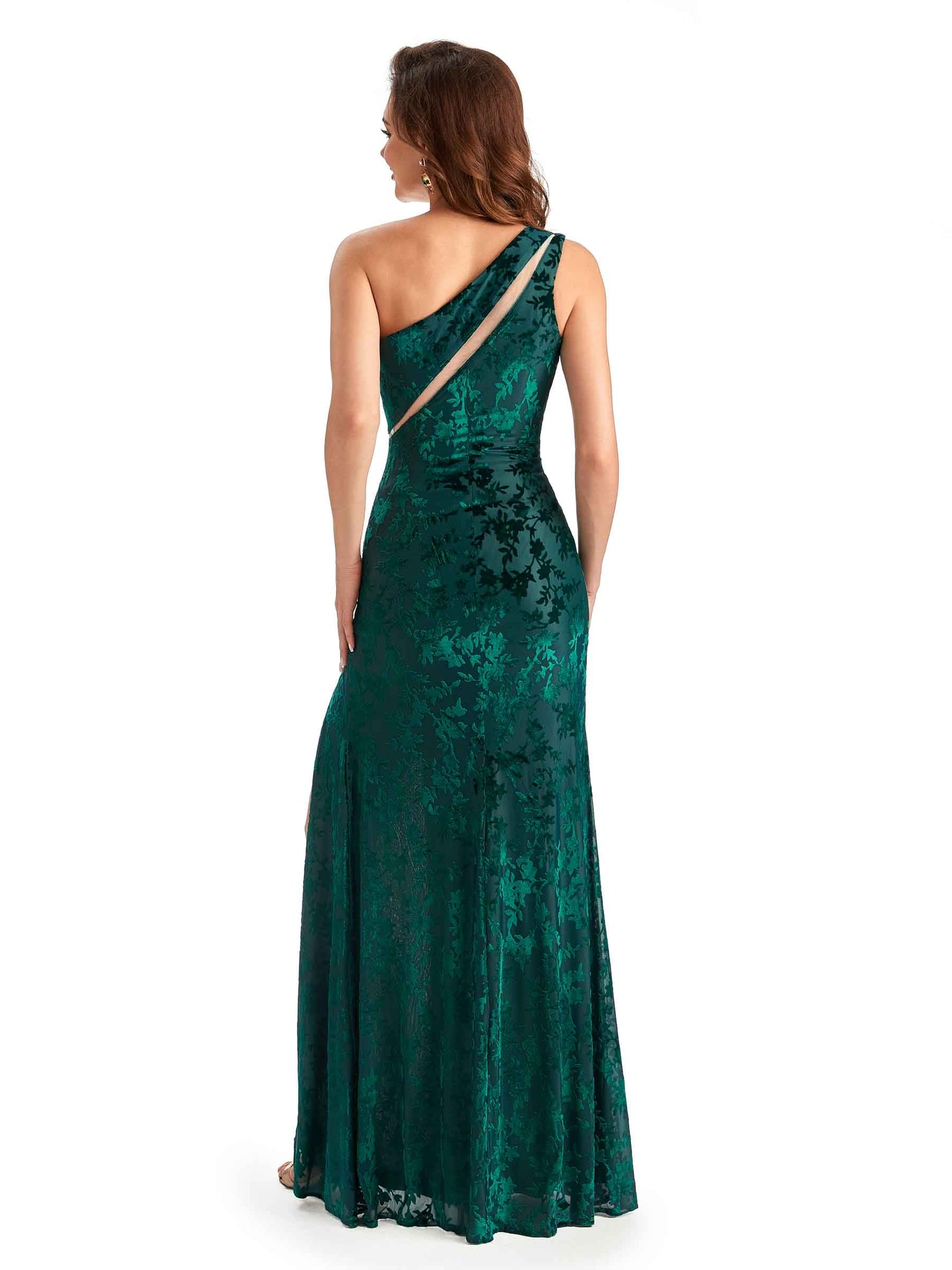 Sexy One Shoulder Side Slit Mermaid Velvet Floral See Through Long Bridesmaid Dresses UK Online