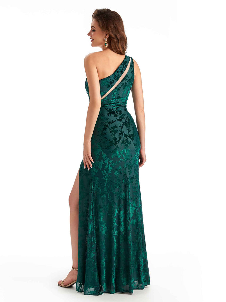 Sexy One Shoulder Side Slit Mermaid Lace Velvet See Through Long Bridesmaid Dresses