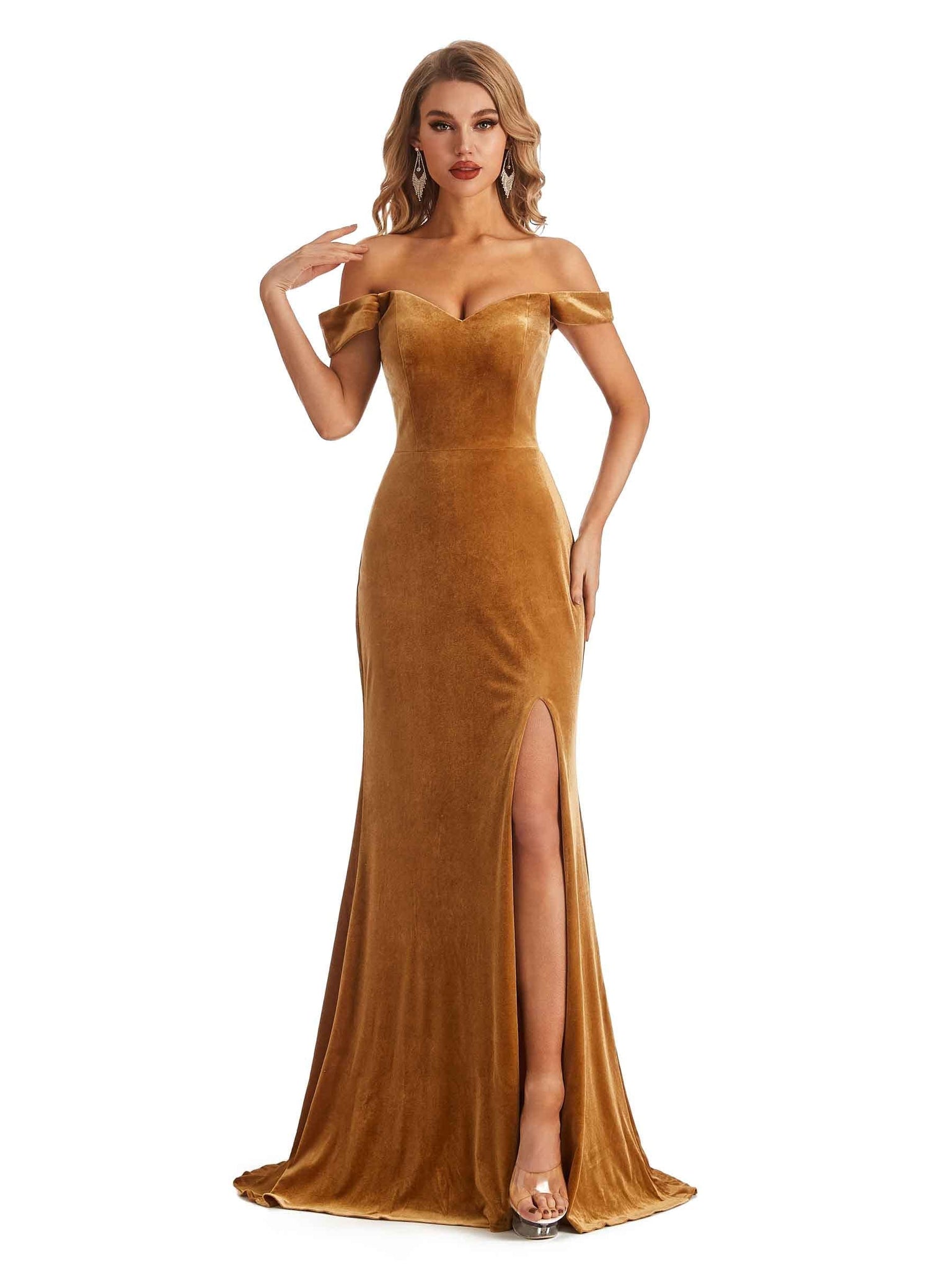 Sexy Mermaid Off the Shoulder Side Slit Velvet Long Bridesmaid Dresses UK Online