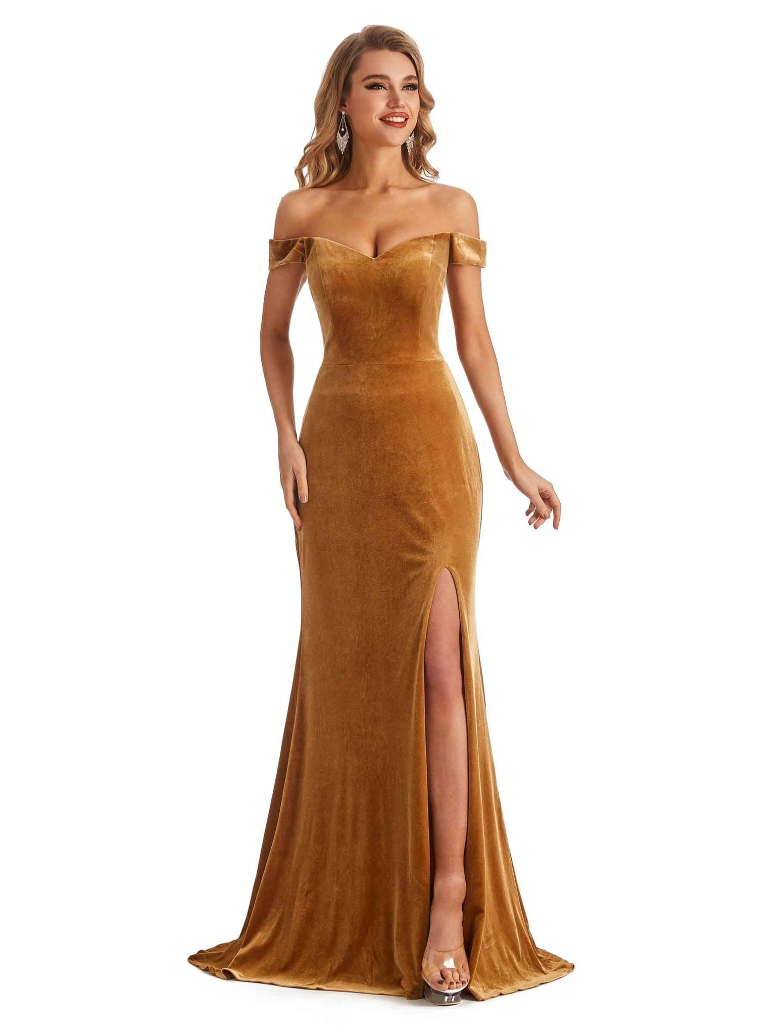 Sexy Mermaid Off the Shoulder Side Slit Velvet Long Bridesmaid Dresses UK Online