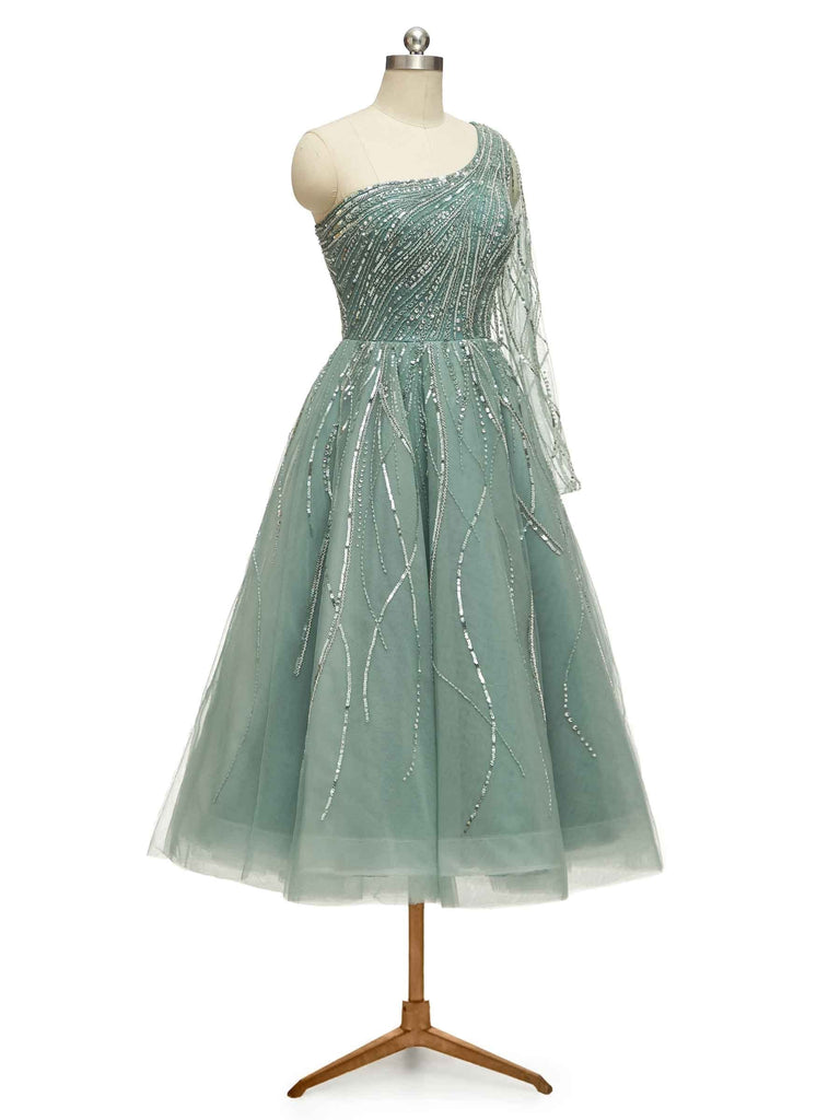 Luxury Green One Shoulder Long Sleeves Evening Party Prom Dresses