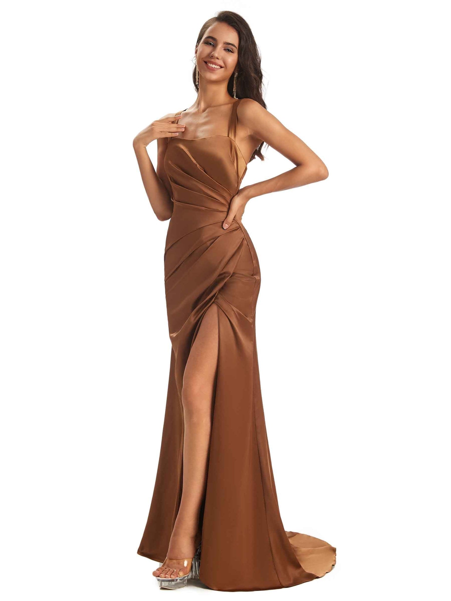 Soft Satin Straps Sheath Side Slit Cross Back Sexy Mermaid Prom Dresses Online