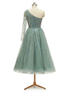 Luxury Green One Shoulder Long Sleeves Evening Party Prom Dresses