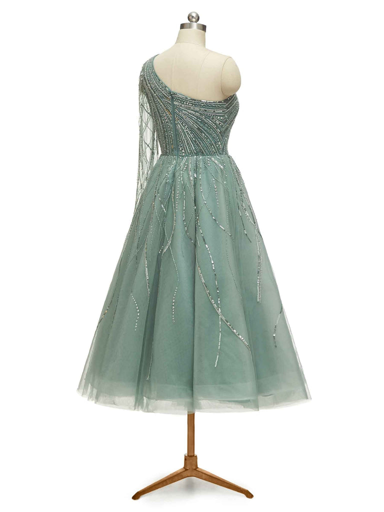 Luxury Green One Shoulder Long Sleeves Evening Party Prom Dresses