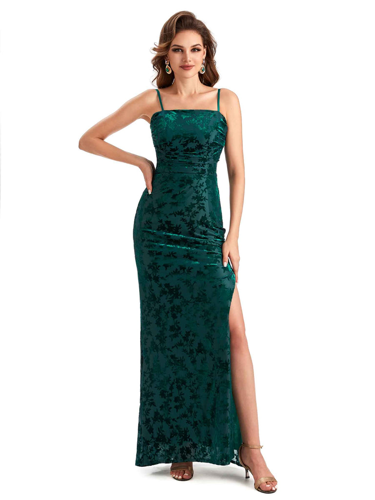 Sexy Side Slit Spaghetti Straps Lace Velvet Long Formal Bridesmaid Dresses Online