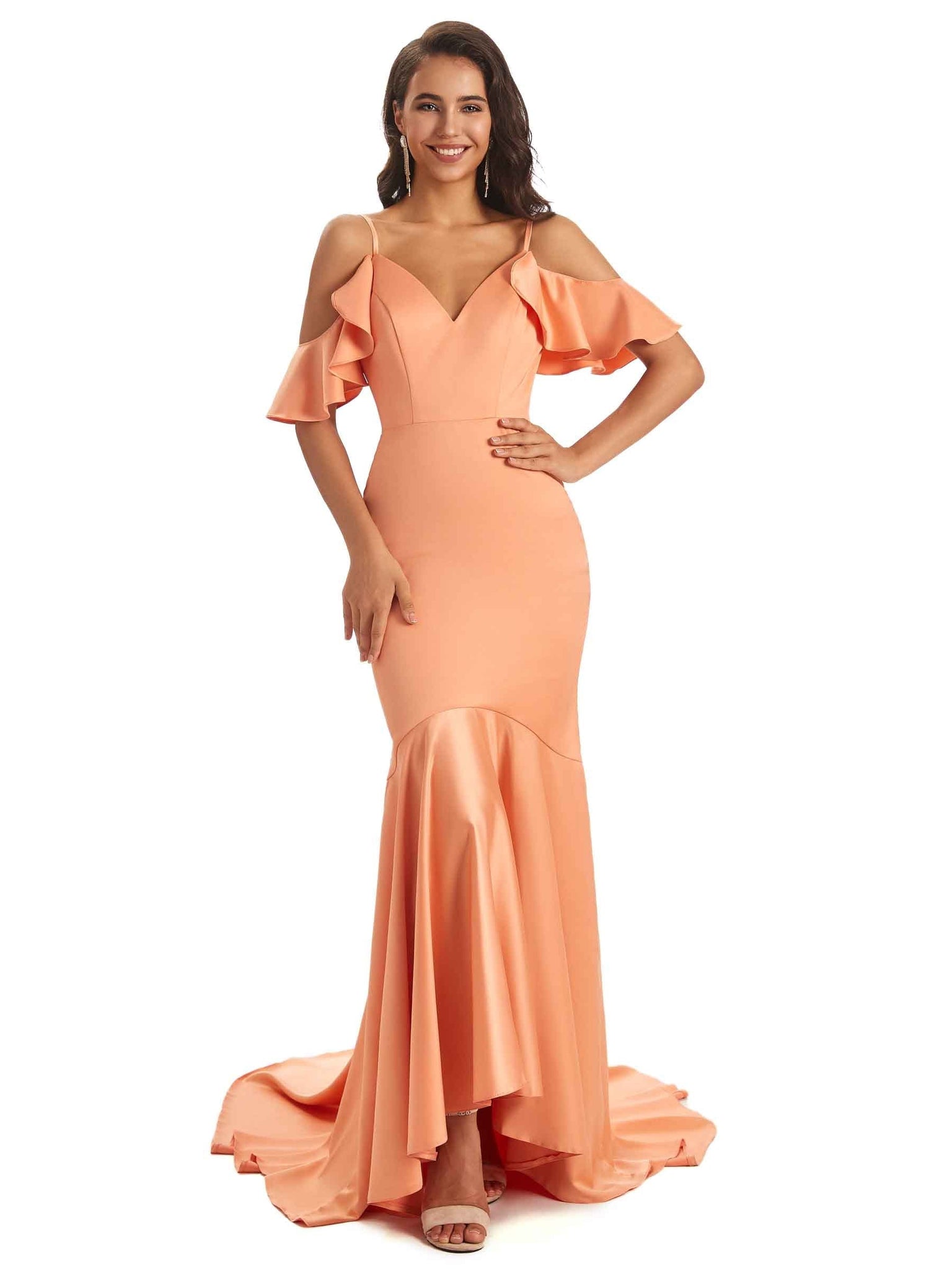 Soft Satin Asymmetric Spaghetti Straps Mermaid Cold Shoulder Prom Dresses