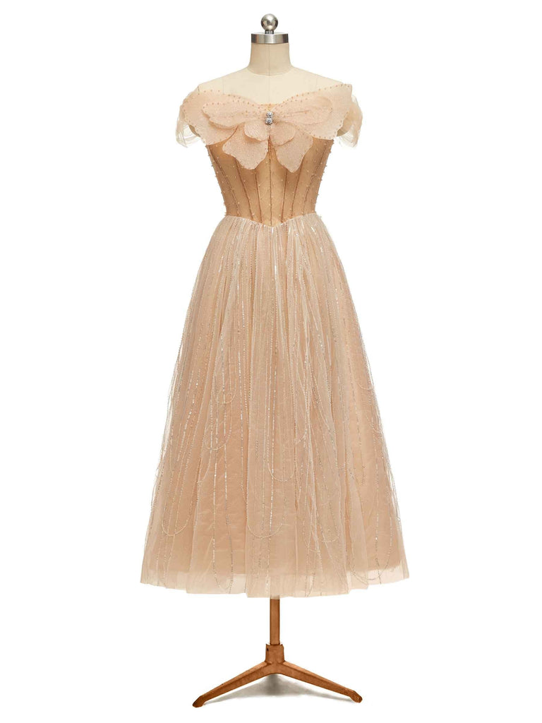 Cute Champagne Gold Off The Shoulder Midi Short Party Prom Dresses Online - ChicSew chicsewuk Cute Champagne Gold Off The Shoulder Midi Short Party Prom Dresses Online - ChicSew chicsewuk