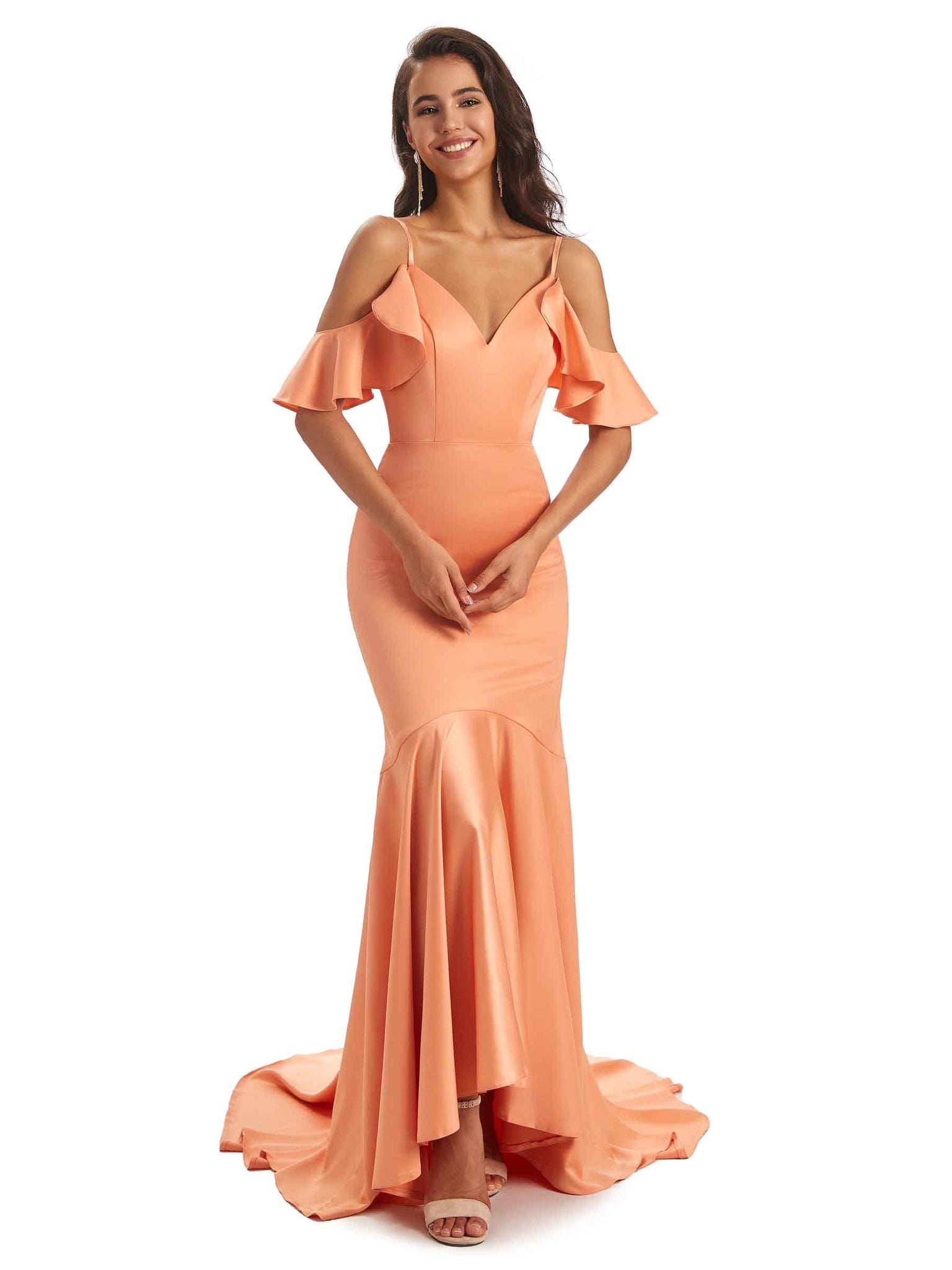 Silky Satin High Low Mermaid Cold Shoulder Bridesmaid Dresses Online UK