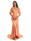 Soft Satin Asymmetric Spaghetti Straps Mermaid Cold Shoulder Prom Dresses