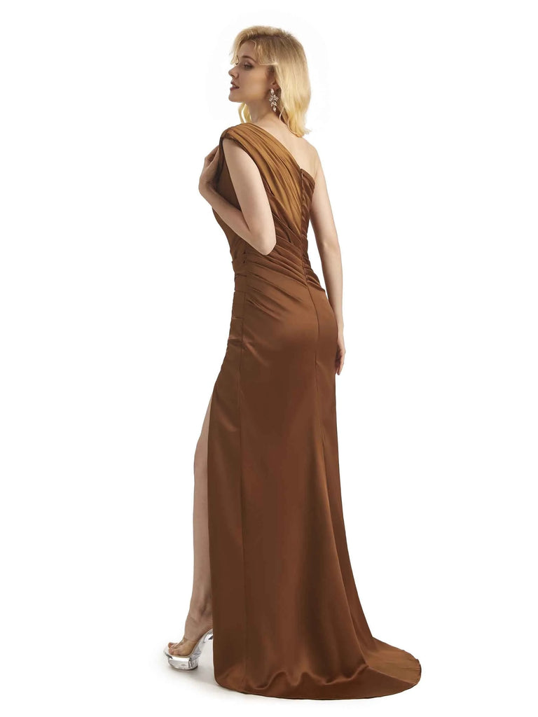 Elegant One Shoulder Soft Satin Side Slit Long Mermaid Prom Dresses Online