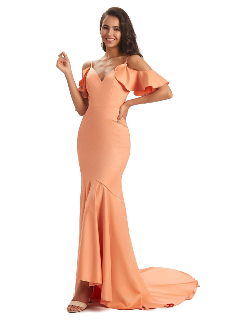 Soft Satin Asymmetric Spaghetti Straps Mermaid Cold Shoulder Prom Dresses