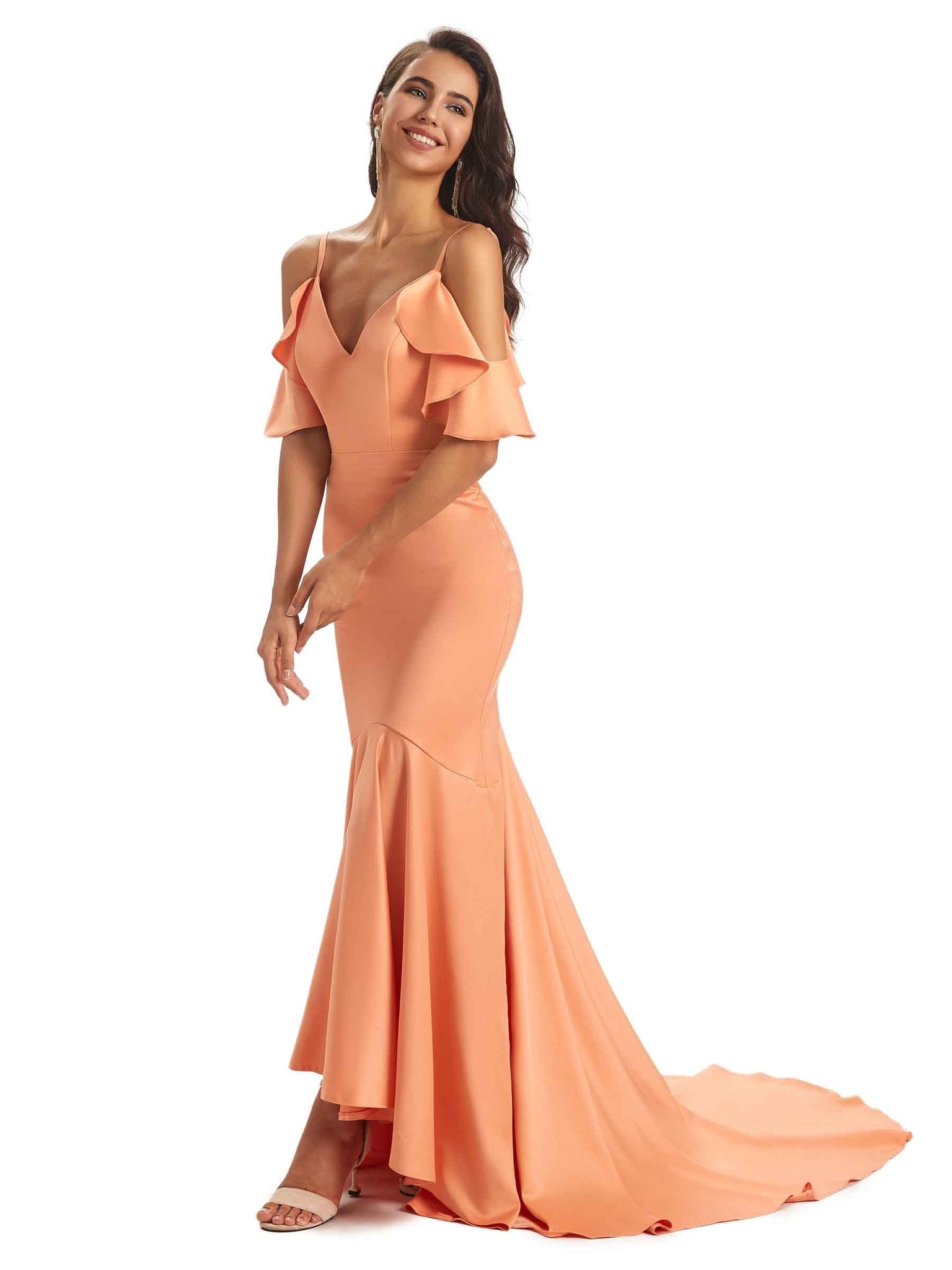 Silky Satin High Low Mermaid Cold Shoulder Bridesmaid Dresses Online UK