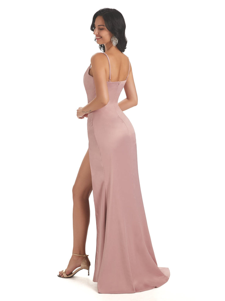 Spaghetti Straps Soft Satin Mermaid Side Slit Prom Dresses Online