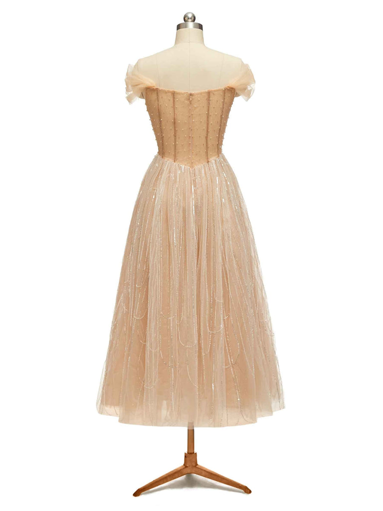 Cute Champagne Gold Off The Shoulder Midi Short Party Prom Dresses Online - ChicSew chicsewuk Cute Champagne Gold Off The Shoulder Midi Short Party Prom Dresses Online - ChicSew chicsewuk
