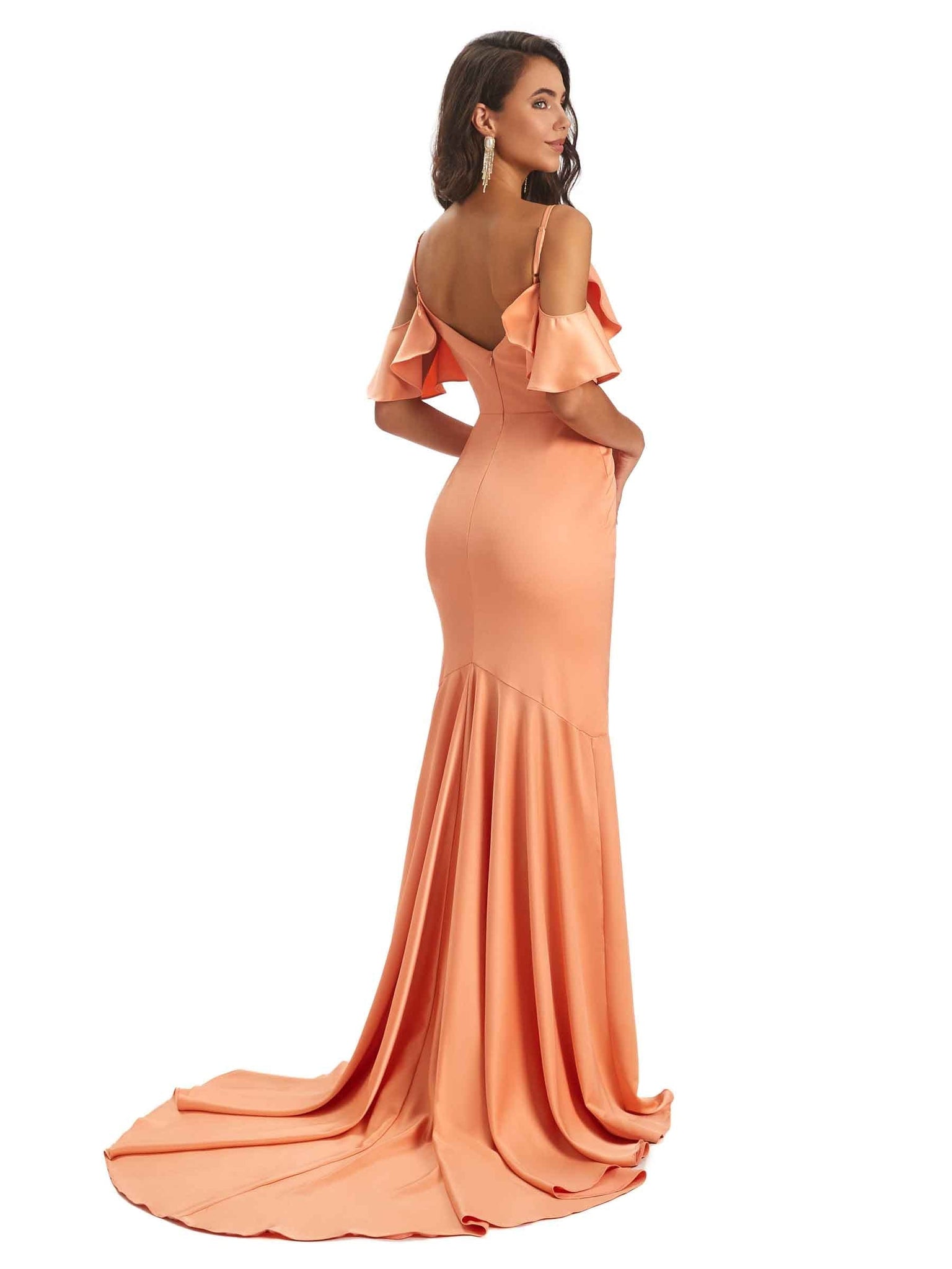 Soft Satin Asymmetric Spaghetti Straps Mermaid Cold Shoulder Prom Dresses