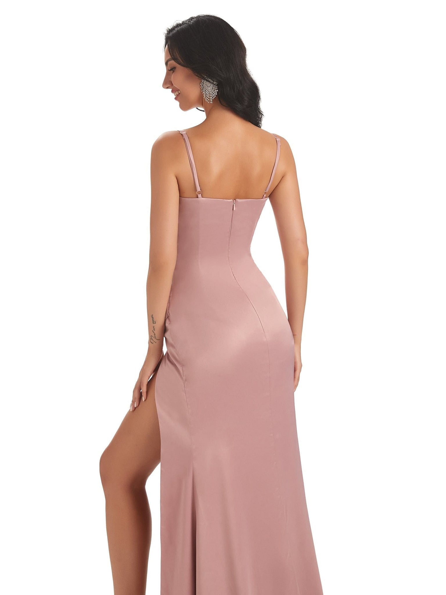 Silky Spaghetti Straps Cowl Neck Silky Satin Mermaid Side Slit Long Bridesmaid Dresses Uk