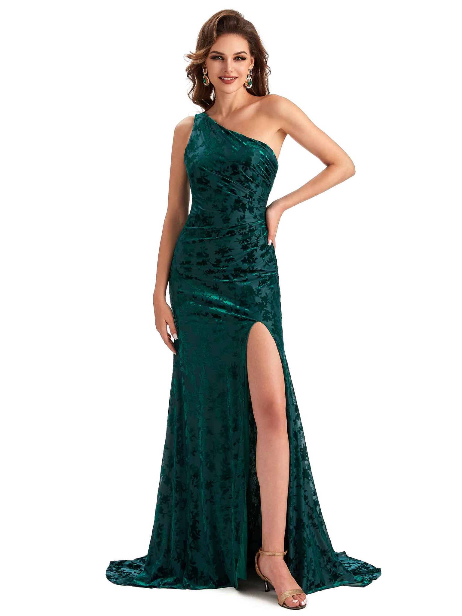 Sexy Side Slit One Shoulder Mermaid Velvet Floral Long Modern Bridesmaid Dresses UK Online