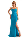 Mermaid Spaghetti Straps Side Slit Lace Stretchy Jersey Long Wedding Attendee Dresses