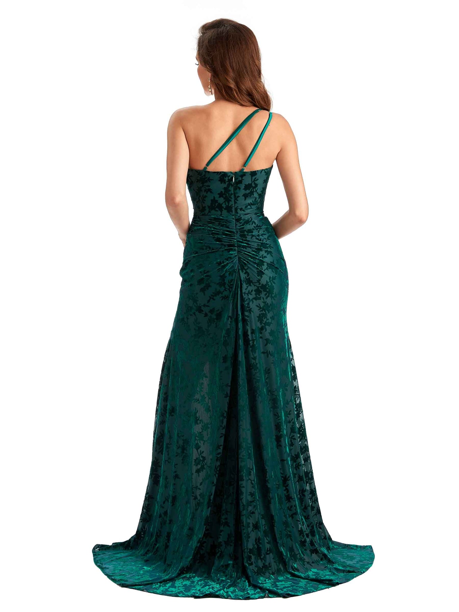 Sexy Side Slit One Shoulder Mermaid Velvet Floral Long Modern Bridesmaid Dresses UK Online