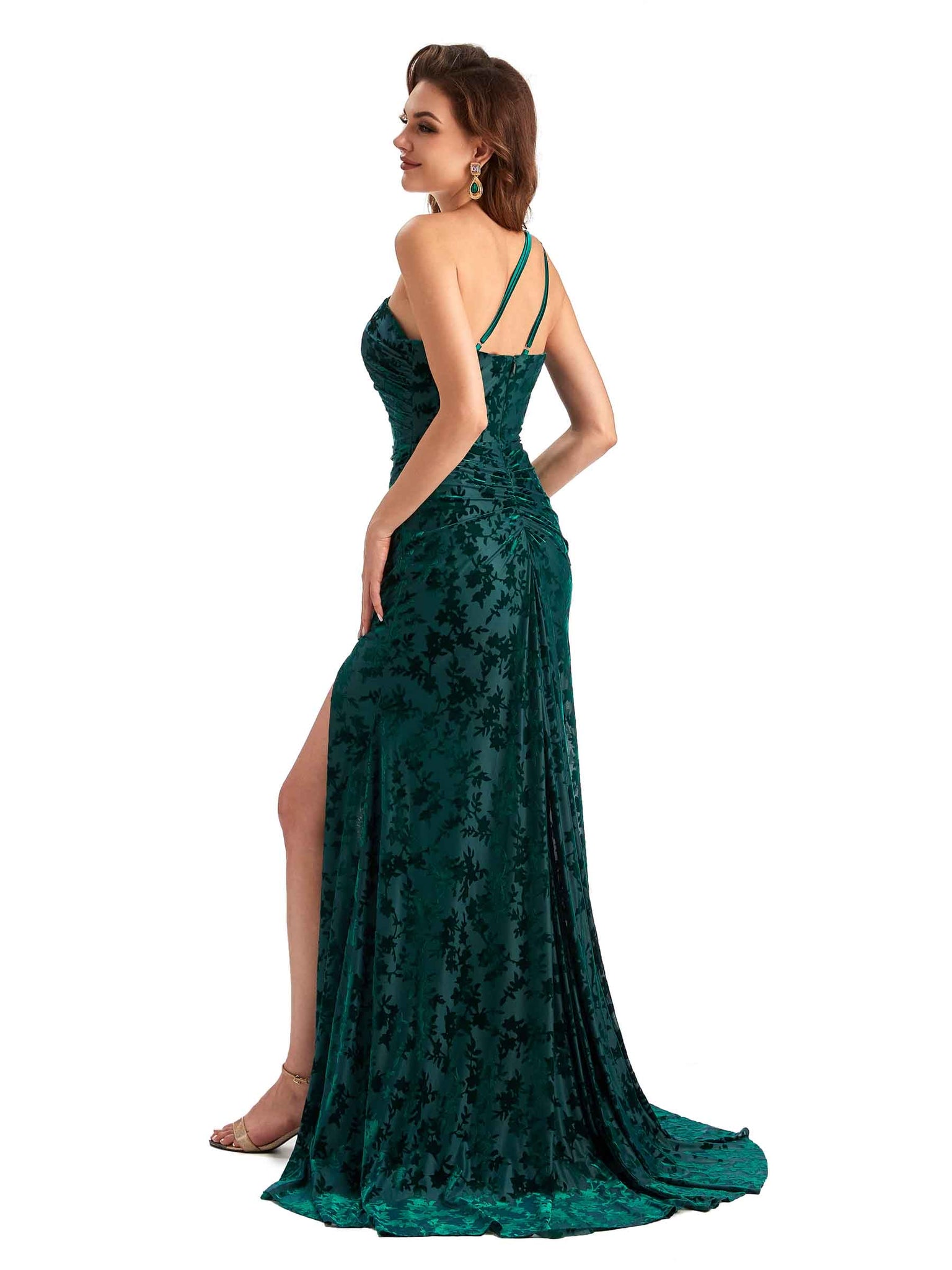 Sexy Side Slit One Shoulder Mermaid Velvet Floral Long Modern Bridesmaid Dresses UK Online