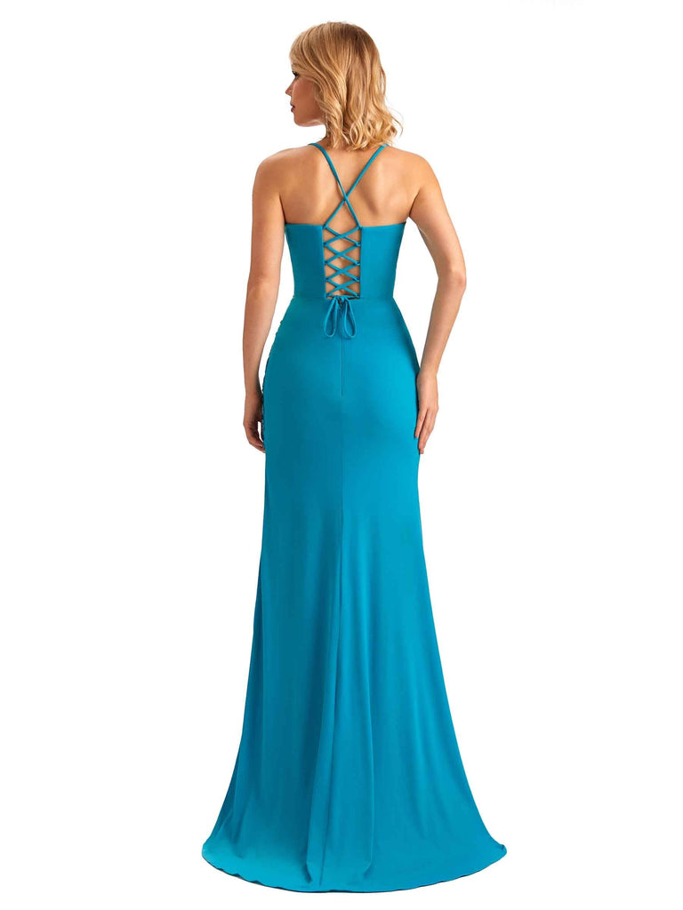 Mermaid Spaghetti Straps Side Slit Lace Stretchy Jersey Long Wedding Attendee Dresses