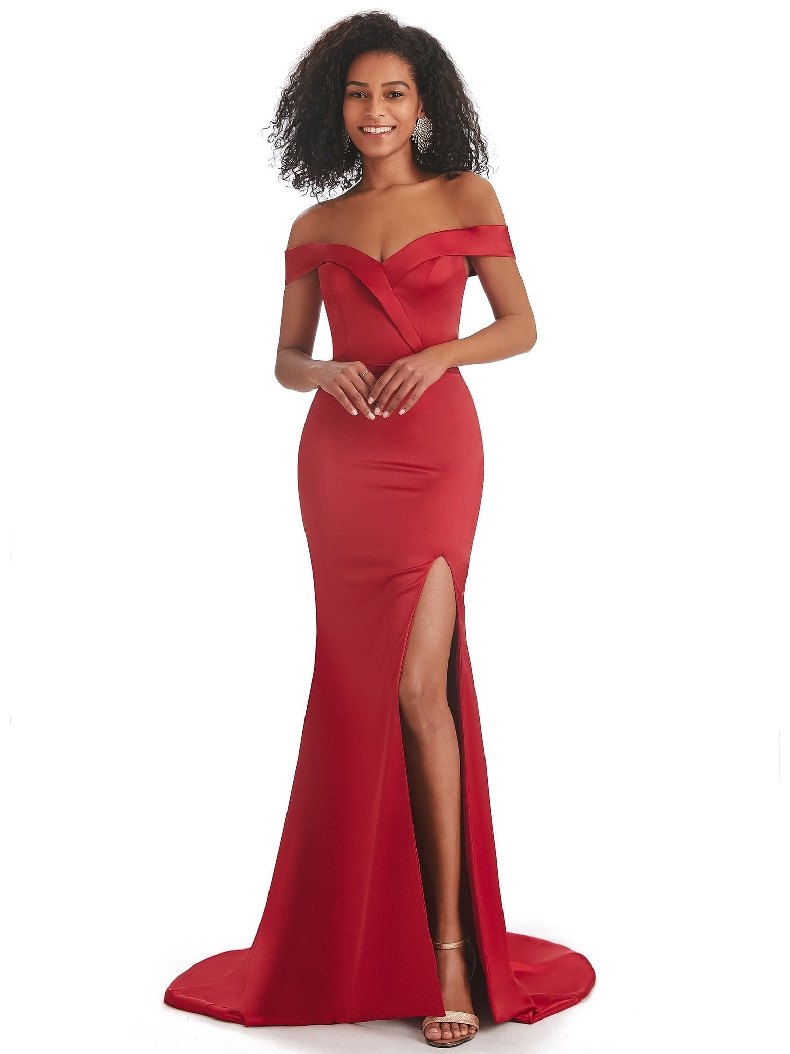 Sexy Mermaid Soft Satin Side Split Off The Shoulder Long Bridesmaid Dresses Uk