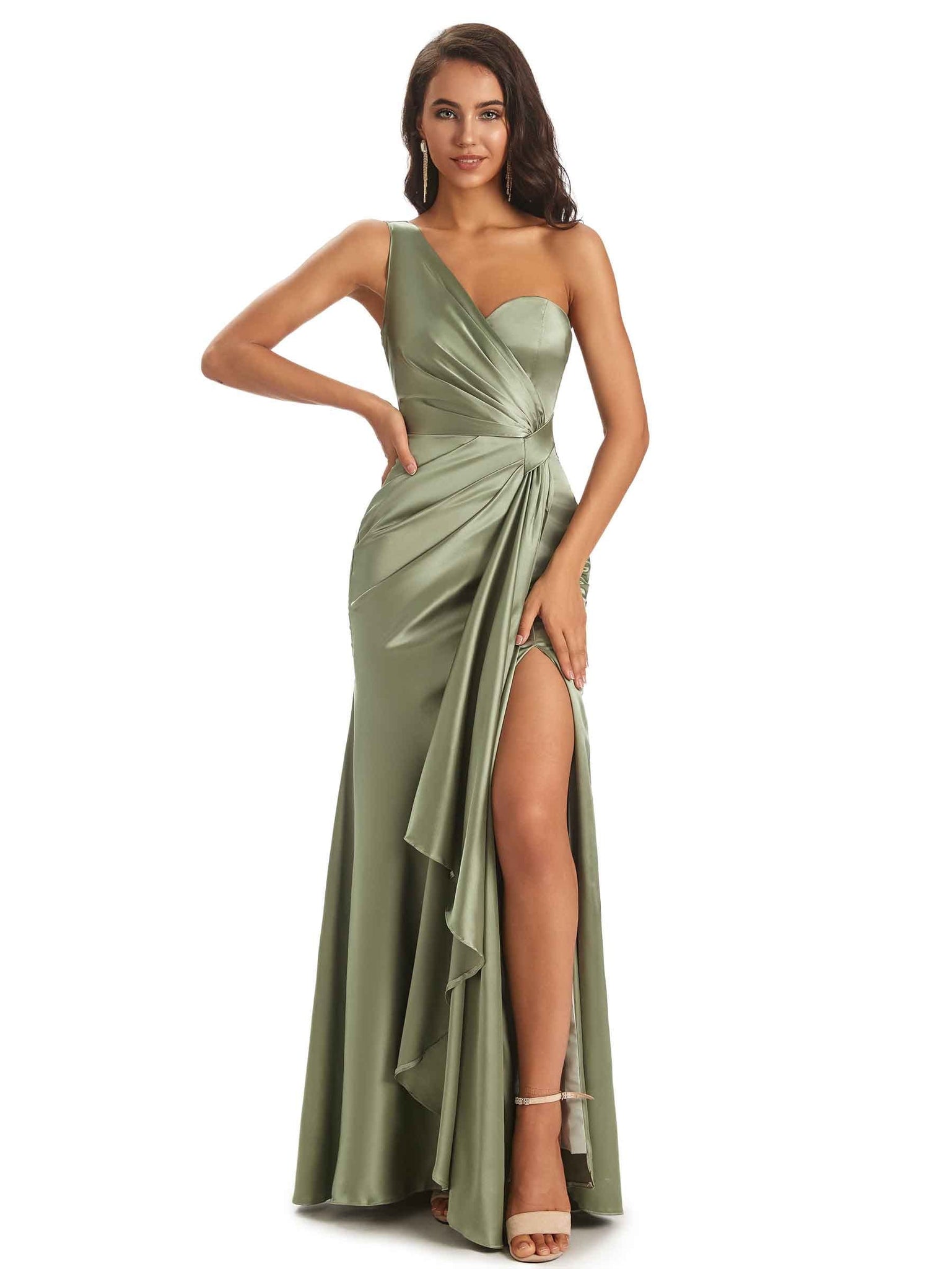 Floor-Length Soft Satin Side Slit One Shoulder Sexy Mermaid Prom Dresses Online