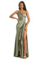 Floor-Length Soft Satin Side Slit One Shoulder Sexy Mermaid Prom Dresses Online