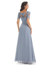 Elegant Lace Short Sleeves Chiffon V-neck Floor-length Mother of The Bride Dresses