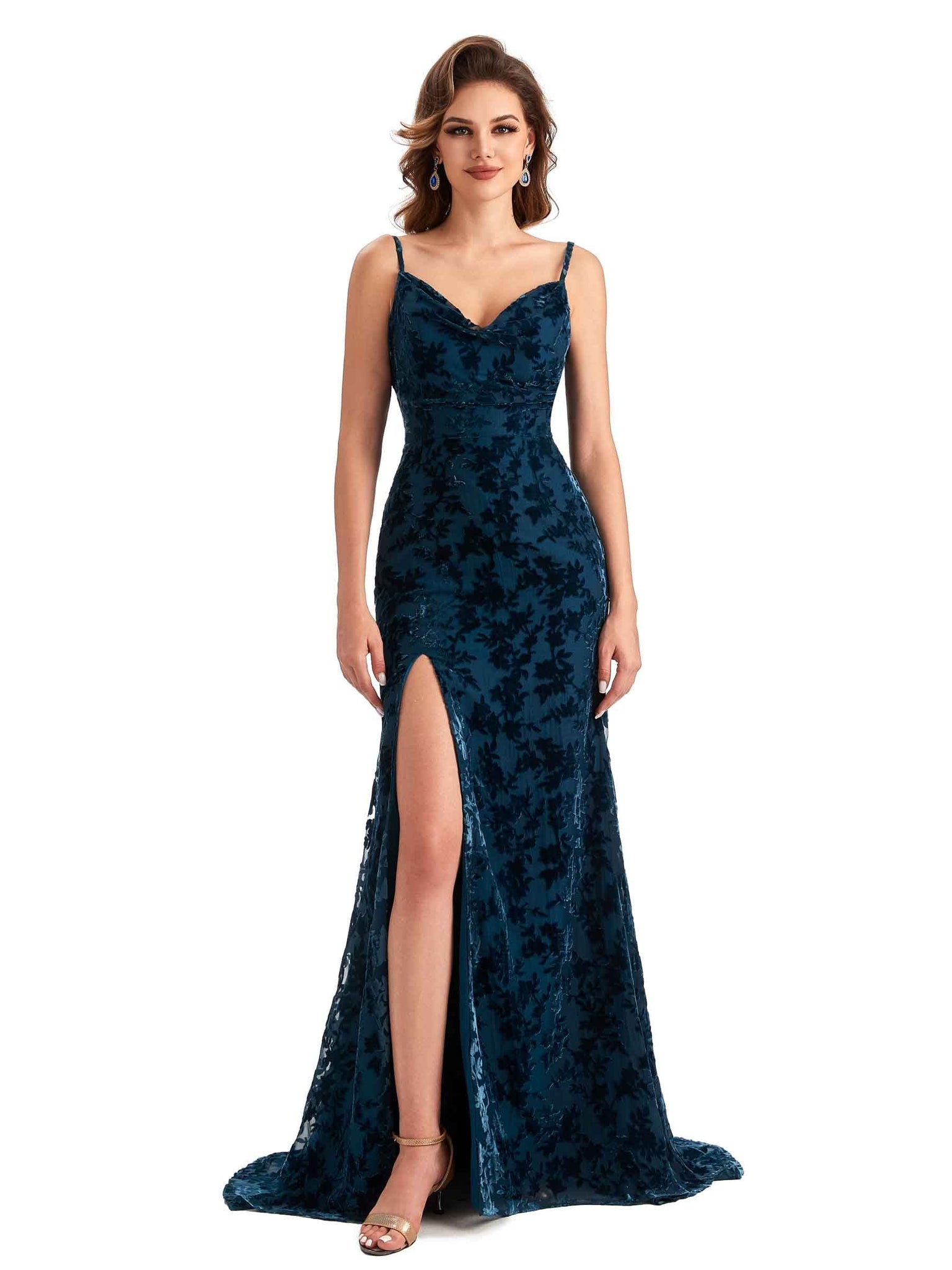 Sexy Side Slit Spaghetti Straps V-Neck Mermaid Velvet Floral Long Bridesmaid Dresses UK Online