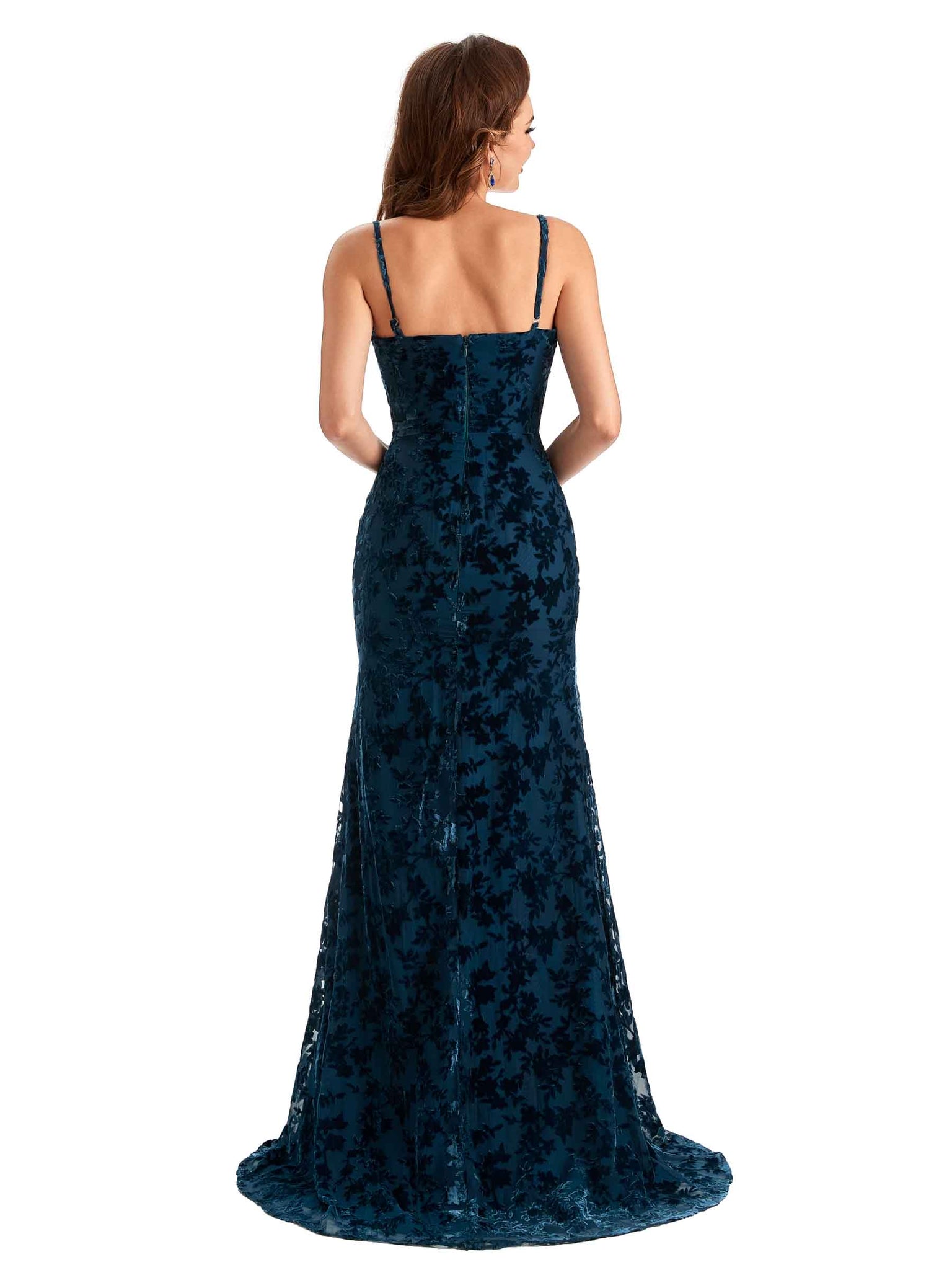 Sexy Side Slit Spaghetti Straps V-Neck Mermaid Velvet Floral Long Bridesmaid Dresses UK Online