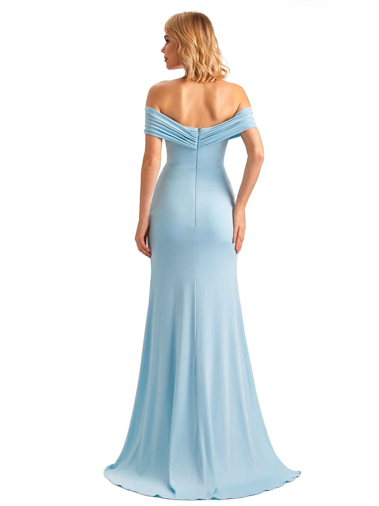 Mermaid Off the Shoulder Side Slit Stretchy Jersey Long Formal Bridesmaid Dresses UK