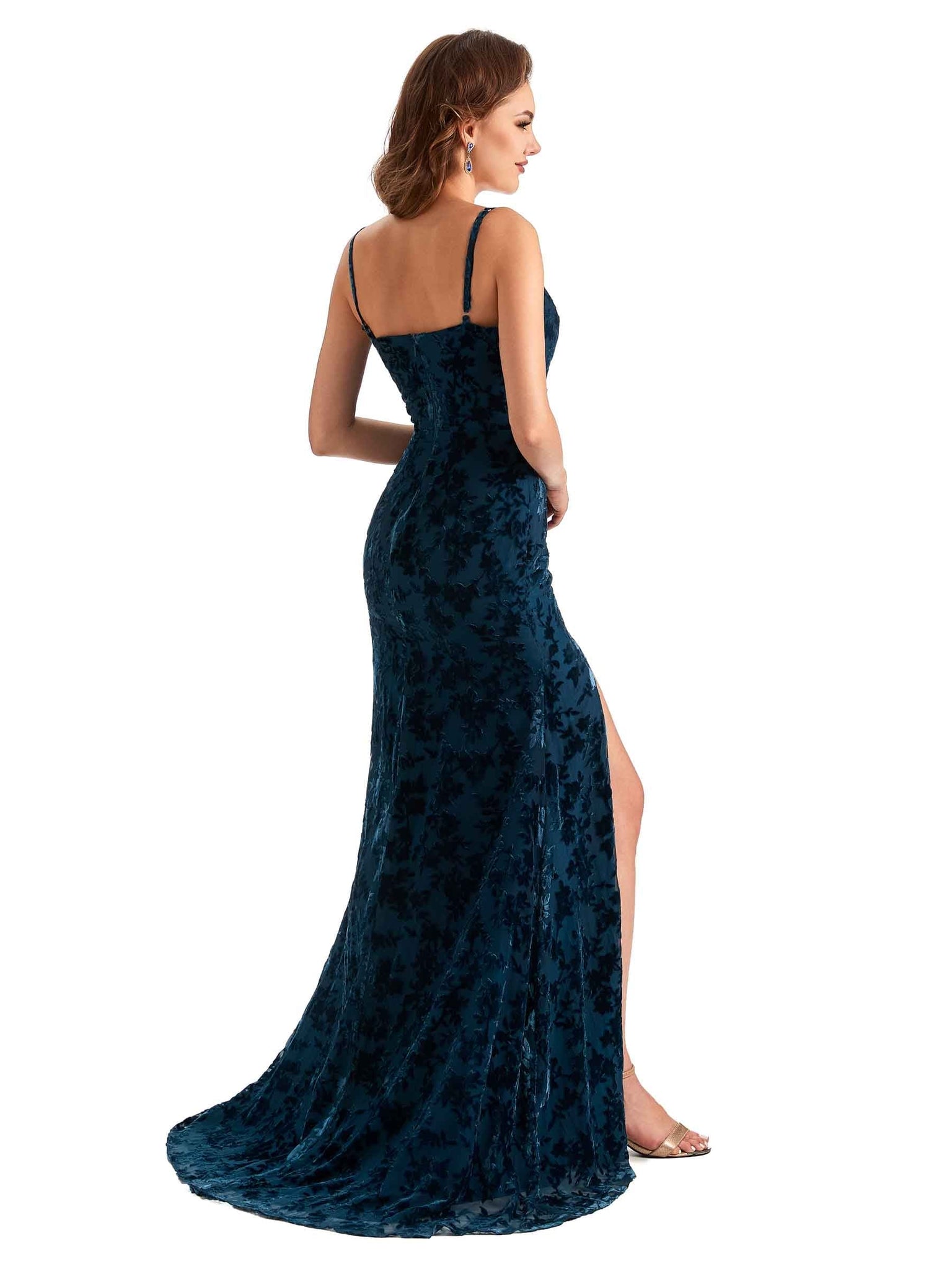 Sexy Side Slit Spaghetti Straps V-Neck Mermaid Velvet Floral Long Bridesmaid Dresses UK Online