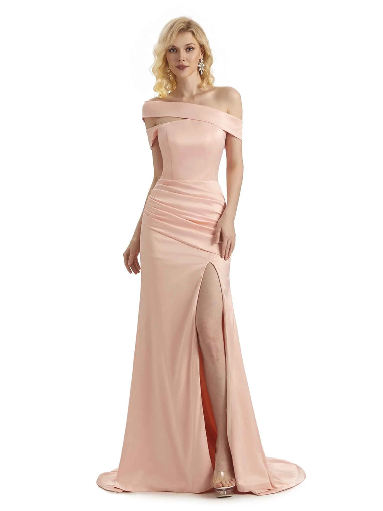 Elegant Asymmetrical Off Shoulder Soft Satin Side Slit Long Mermaid Prom Dresses