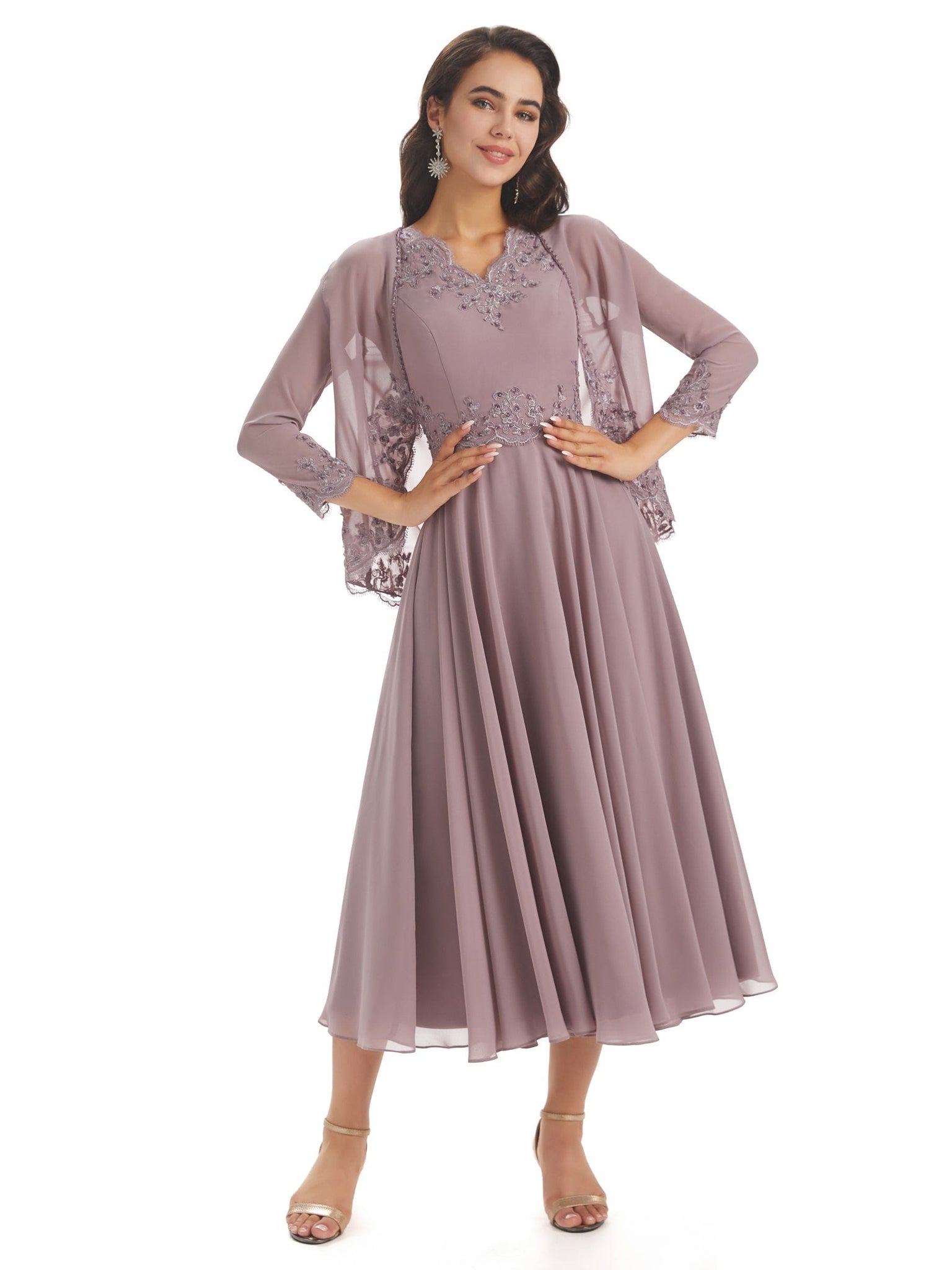 Elegant A-line Chiffon Lace Beaded V-neck Short Mother Of The Bride Dresses And Jacket