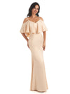 Elegant Soft Satin Spaghetti Straps Off Shoulder Floor-Length Mermaid Prom Dresses
