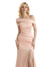 Elegant Asymmetrical Off Shoulder Soft Satin Side Slit Long Mermaid Prom Dresses