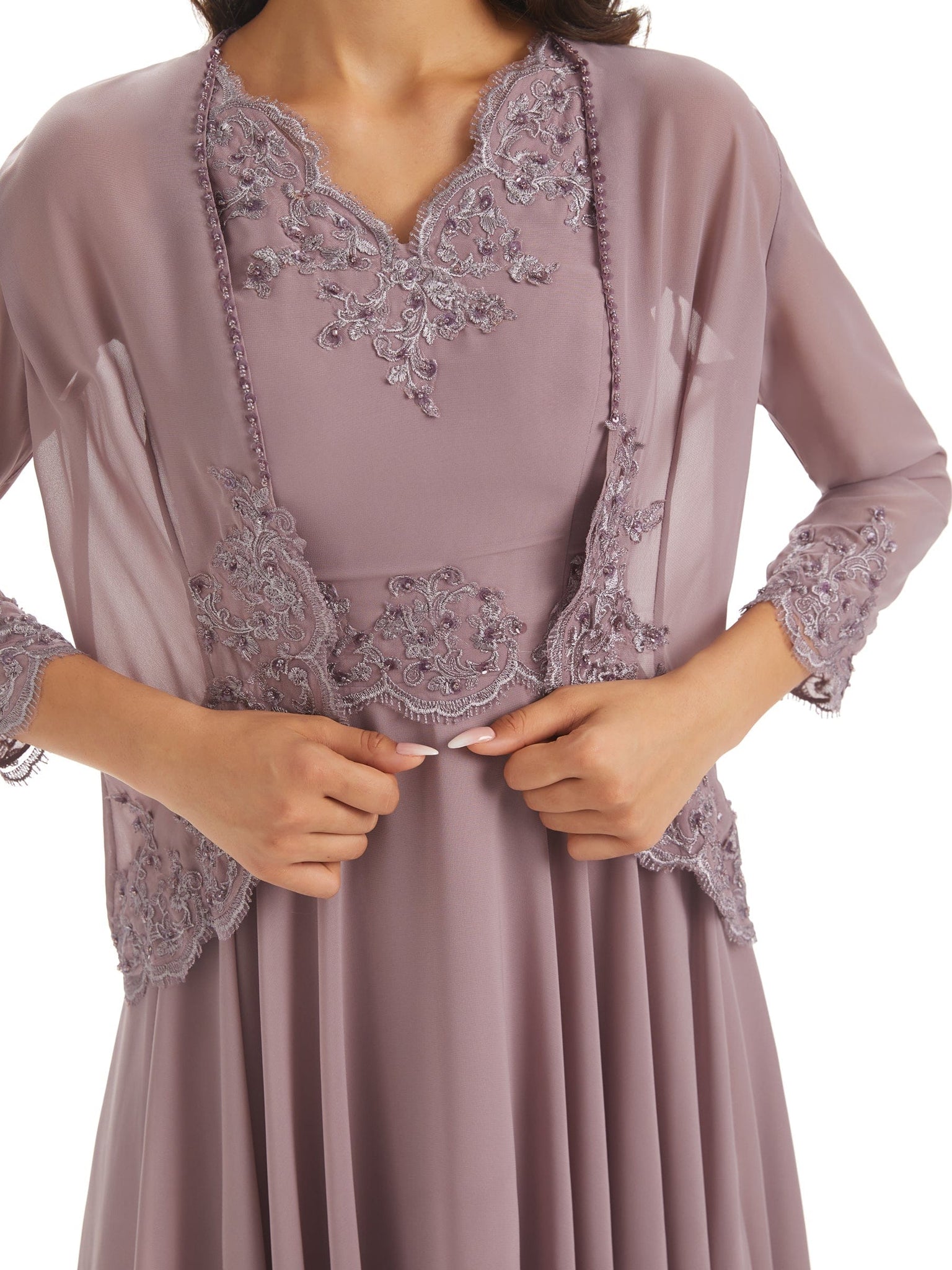 Elegant A-line Chiffon Lace Beaded V-neck Short Mother Of The Bride Dresses And Jacket